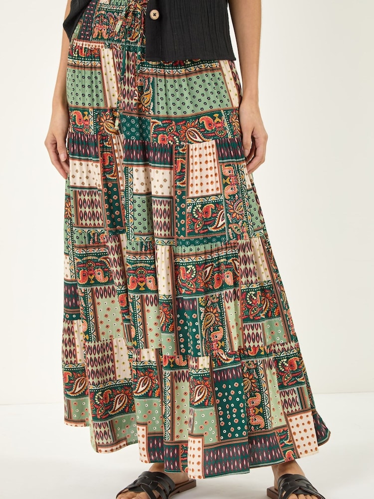 Roman Green Paisley Print Shirred Maxi Skirt - Image 1 of 5