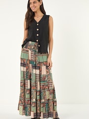 Roman Green Paisley Print Shirred Maxi Skirt - Image 3 of 5