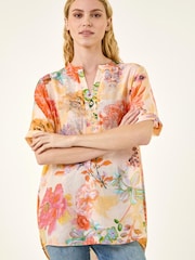 Roman Orange Floral Print Embellished V-Neck Top - Image 1 of 5