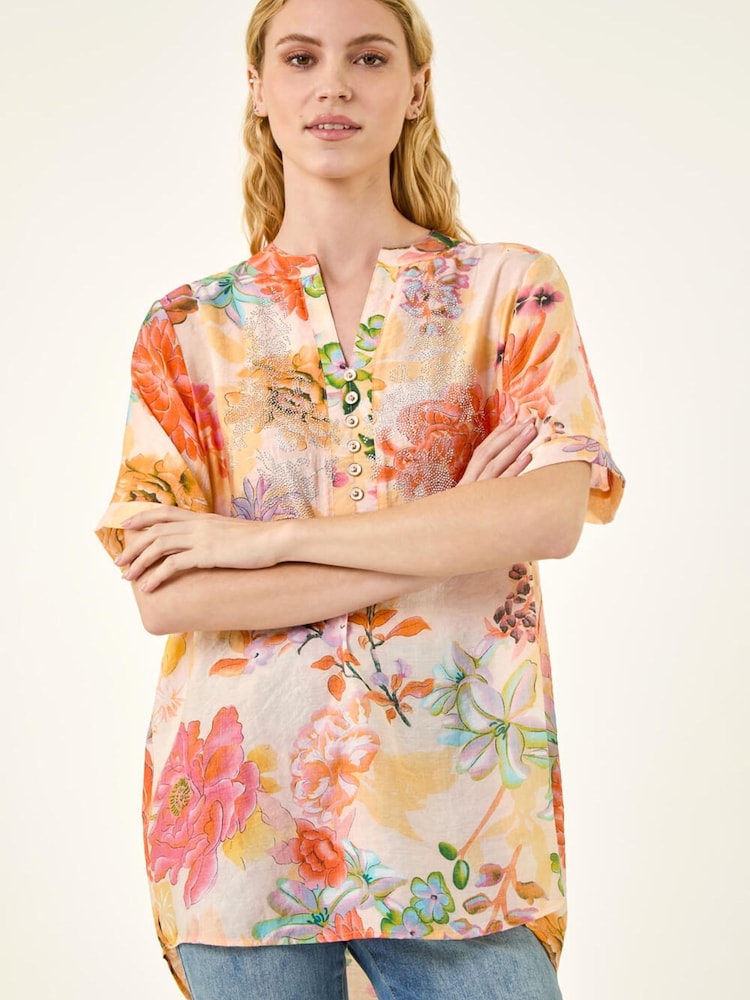 Roman Orange Floral Print Embellished V-Neck Top - Image 1 of 5 Roman Orange Floral Print Embellished V-Neck Top - Image 1 of 5