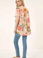 Roman Orange Floral Print Embellished V-Neck Top - Image 2 of 5