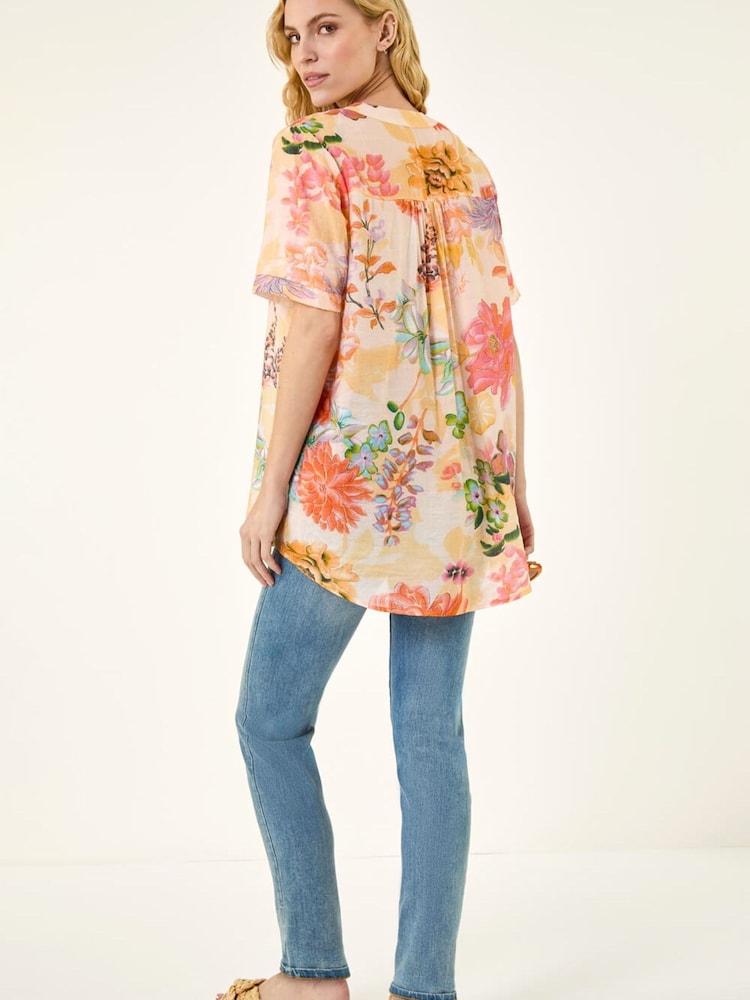 Roman Orange Floral Print Embellished V-Neck Top - Image 2 of 5 Roman Orange Floral Print Embellished V-Neck Top - Image 2 of 5