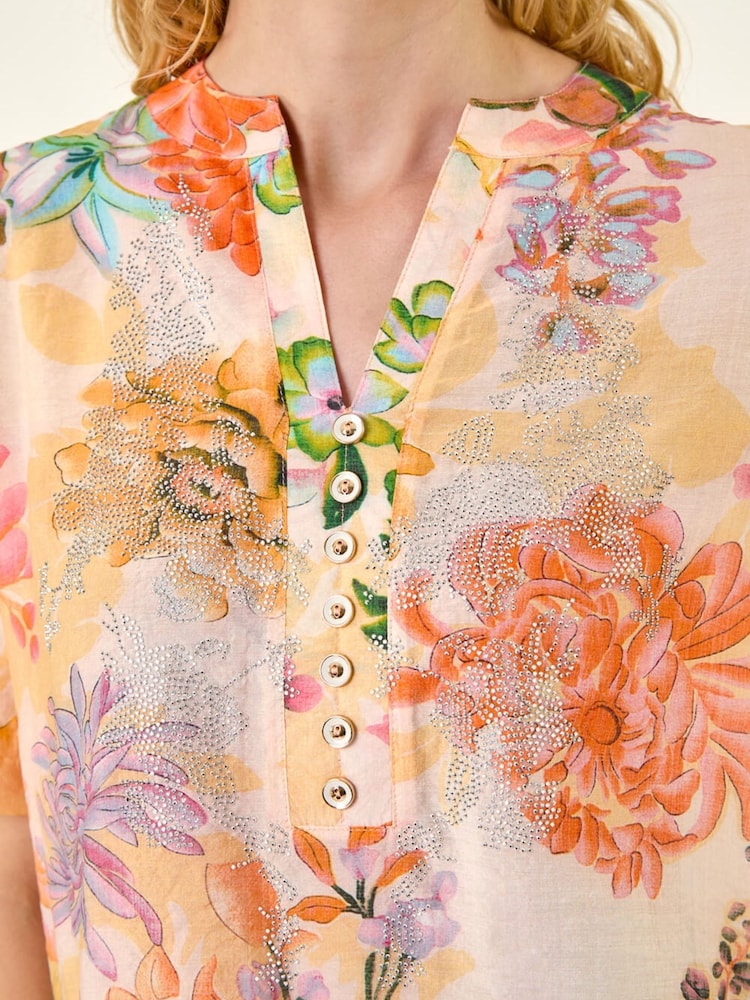 Roman Orange Floral Print Embellished V-Neck Top - Image 5 of 5 Roman Orange Floral Print Embellished V-Neck Top - Image 5 of 5
