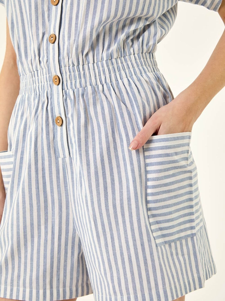 Roman Blue Stripe Print Front Pocket Playsuit - Image 5 of 5