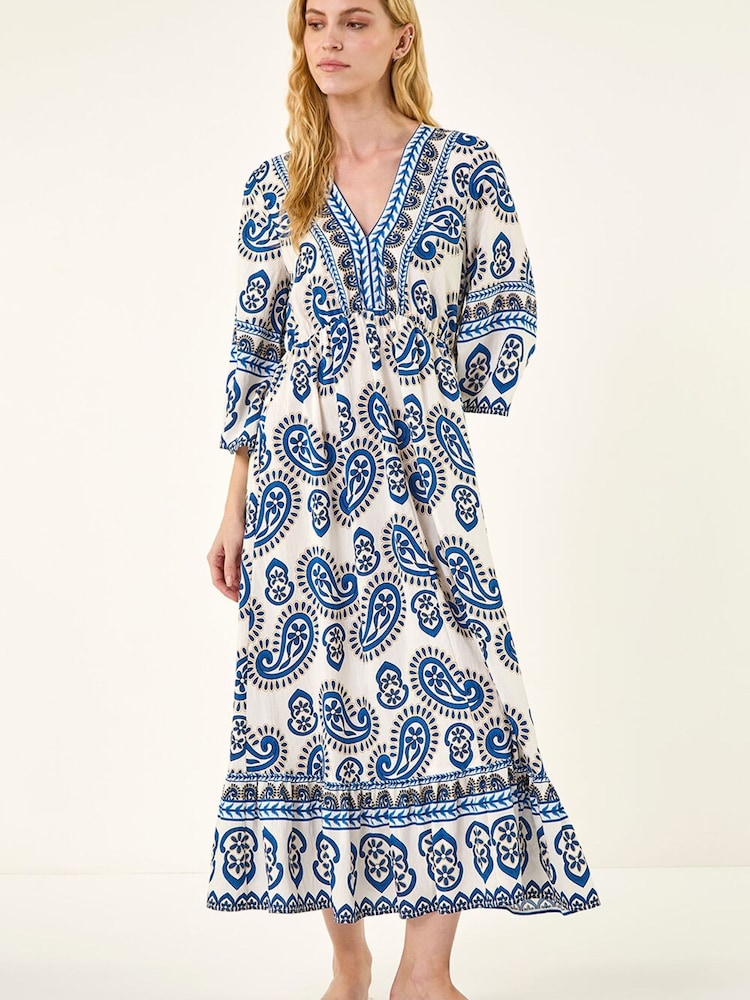 Roman Blue Paisley Border Midi Dress - Image 2 of 5 Roman Blue Paisley Border Midi Dress - Image 2 of 5