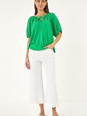 Roman Green Tie Front Raglan Sleeve Blouse - Image 1 of 5