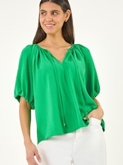 Roman Green Tie Front Raglan Sleeve Blouse - Image 3 of 5