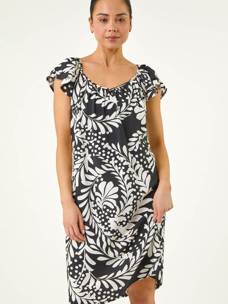 أسود - فستان انسيابي مطبوع بكشكشة من Roman - Image 2 of 5