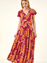 Roman Pink Floral Print Ruched Midi Dress - Image 1 of 5