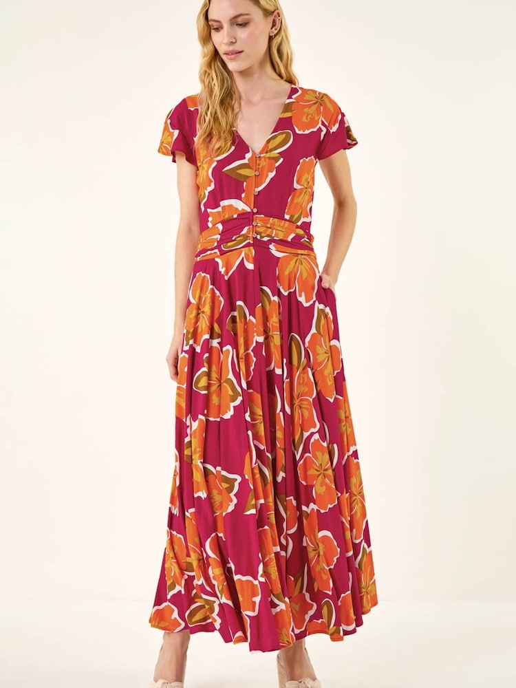 Roman Pink Floral Print Ruched Midi Dress - Image 2 of 5