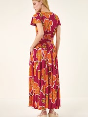 Roman Pink Floral Print Ruched Midi Dress - Image 3 of 5