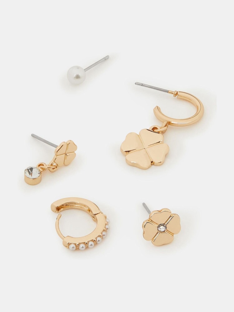 Accessorize Gold Tone Clover Pearl Stud & Hoop Earrings 5 Pack - Image 1 of 2
