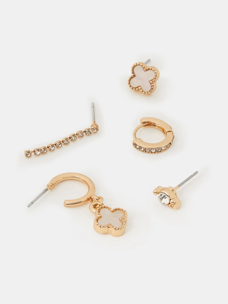 Accessorize Gold Tone Pearl Clover Stud & Hoop Earrings 5 Pack - Image 1 of 2