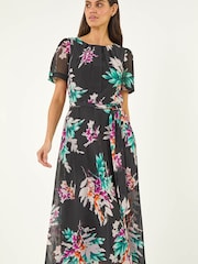 Roman Black Floral Print Pleat Neck Midi Dress - Image 1 of 5