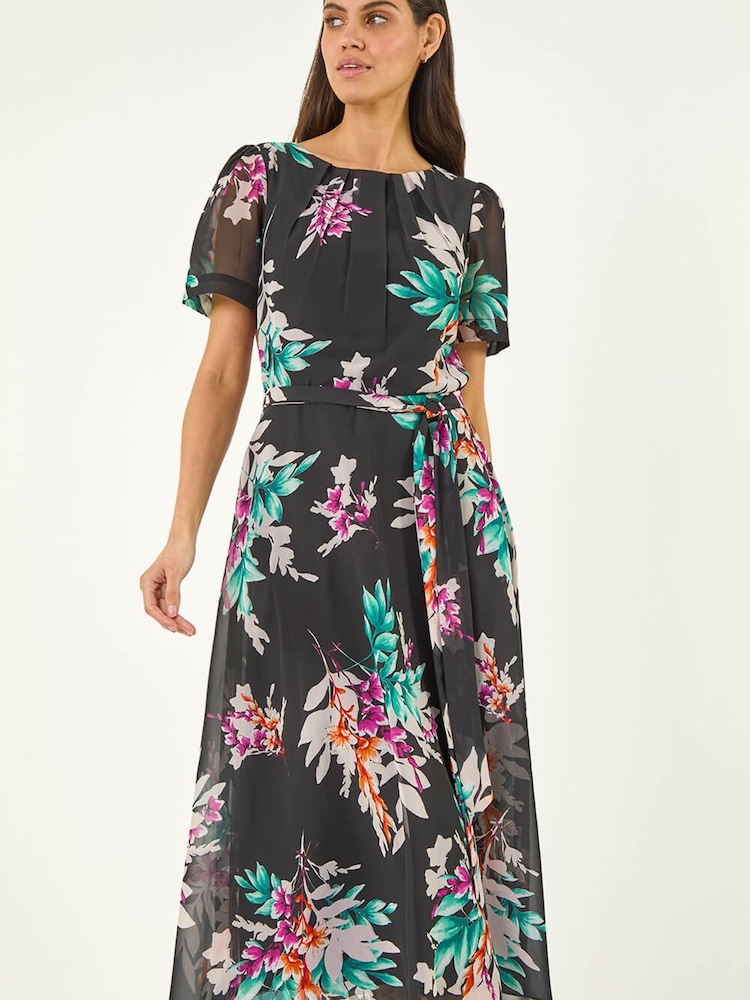 Roman Black Floral Print Pleat Neck Midi Dress - Image 1 of 5