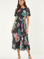 Roman Black Floral Print Pleat Neck Midi Dress - Image 2 of 5
