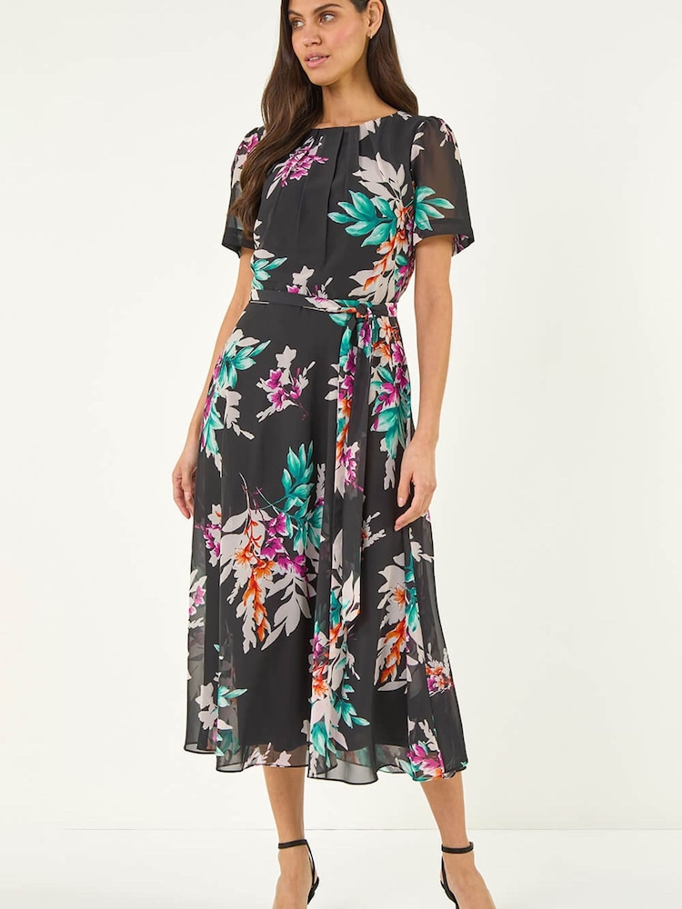 Roman Black Floral Print Pleat Neck Midi Dress - Image 2 of 5