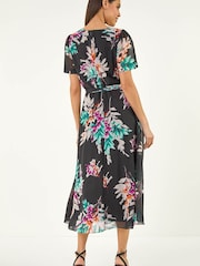 Roman Black Floral Print Pleat Neck Midi Dress - Image 3 of 5