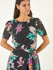 Roman Black Floral Print Pleat Neck Midi Dress - Image 4 of 5