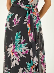 Roman Black Floral Print Pleat Neck Midi Dress - Image 5 of 5