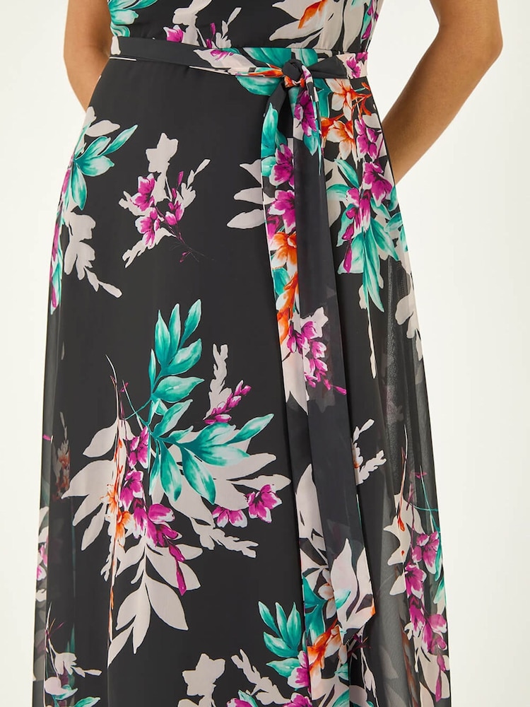 Roman Black Floral Print Pleat Neck Midi Dress - Image 5 of 5