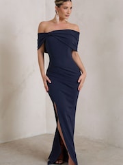 Club L London Blue Eva | Bardot Bow Detail Maxi Dress With Thigh Split - Image 1 of 5