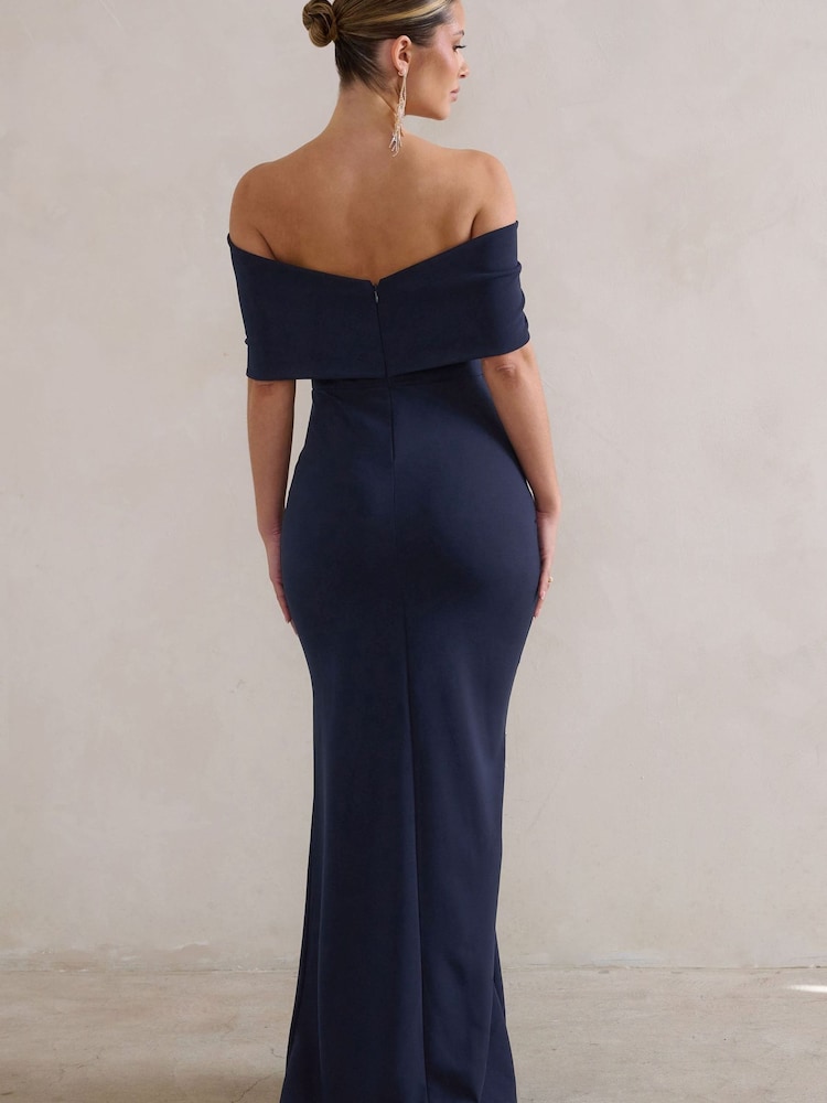 Club L London Blue Eva | Bardot Bow Detail Maxi Dress With Thigh Split - Image 2 of 5