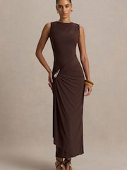 Club L London Brown Fiora | Neck Maxi Dress With Gathered Detail - Image 1 of 6