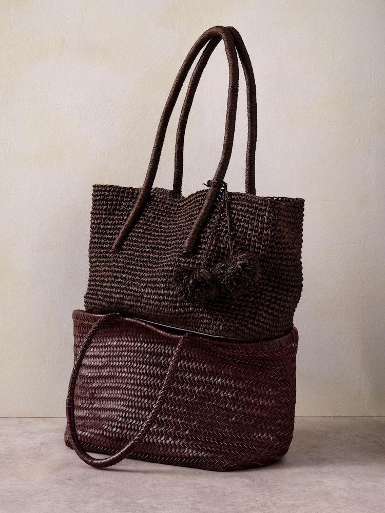 Mint Velvet Brown Blake Stripe Paper Tote Bag - Image 2 of 5 Mint Velvet Brown Blake Stripe Paper Tote Bag - Image 2 of 5