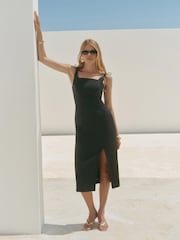 Mint Velvet Black Linen Bow Detail Midi Dress - Image 5 of 8