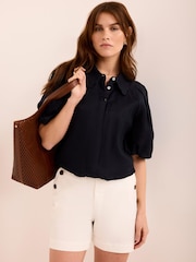 Mint Velvet Navy Blue Puff Sleeve Shirt - Image 3 of 7