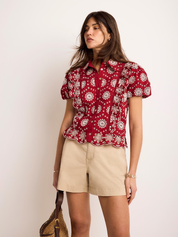 Mint Velvet Red Cotton Broderie Detail Shirt - Image 1 of 8
