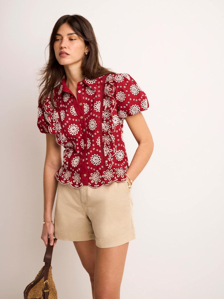 Mint Velvet Red Cotton Broderie Detail Shirt - Image 2 of 8