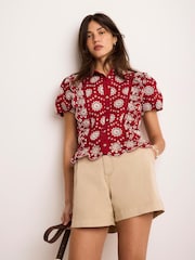 Mint Velvet Red Cotton Broderie Detail Shirt - Image 3 of 8