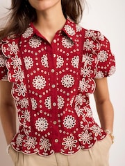 Mint Velvet Red Cotton Broderie Detail Shirt - Image 4 of 8