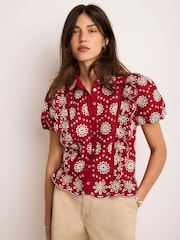 Mint Velvet Red Cotton Broderie Detail Shirt - Image 5 of 8
