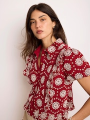Mint Velvet Red Cotton Broderie Detail Shirt - Image 6 of 8