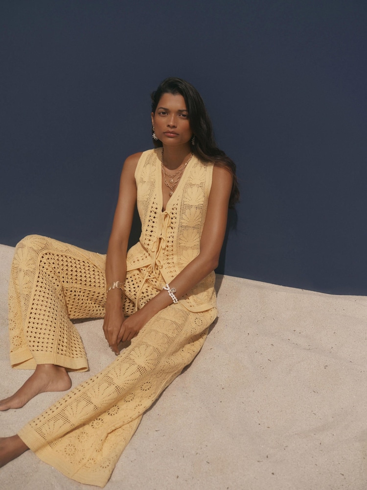 Mint Velvet Yellow Cotton Blend Crochet Knit Top - Image 2 of 8