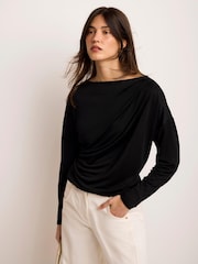 Mint Velvet Black Metallic Ruched Long Sleeve Top - Image 1 of 8