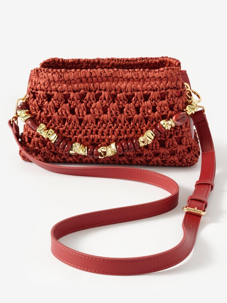 Mint Velvet Red Sara Paper Crochet Style Cross-Body Bag with Beaded Charm Handle - Image 5 of 5