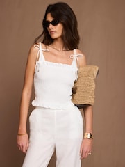 Mint Velvet White Linen Shirred Top - Image 5 of 8