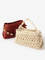 Mint Velvet Cream Sara Paper Crochet Style Cross-Body Bag with Beaded Charm Handle - Image 6 of 6