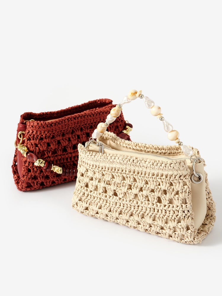 Mint Velvet Cream Sara Paper Crochet Style Cross-Body Bag with Beaded Charm Handle - Image 6 of 6