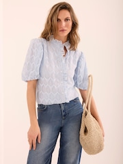 Mint Velvet Blue Jacquard Ruffle Blouse - Image 1 of 7