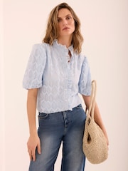 Mint Velvet Blue Jacquard Ruffle Blouse - Image 3 of 7