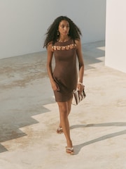 Marrón - Mint Velvet Linen Beaded Mini Dress - Imagen 2 de 8