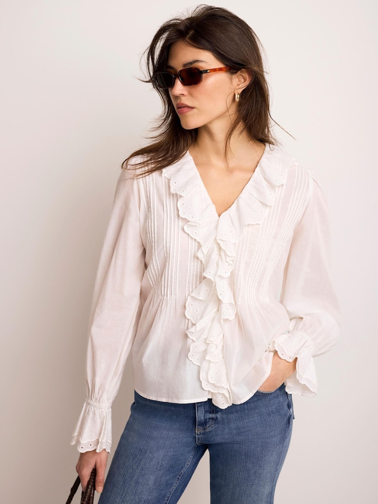 Mint Velvet White Cotton Ruffle Trim Blouse - Image 1 of 7