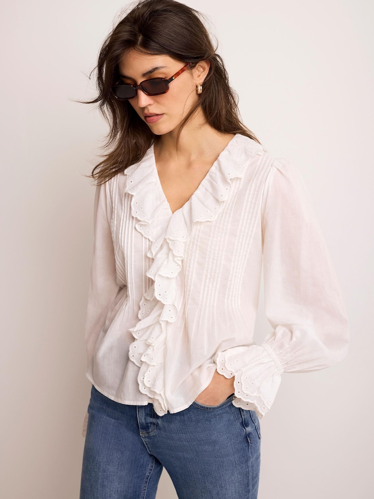 Mint Velvet White Cotton Ruffle Trim Blouse - Image 2 of 7