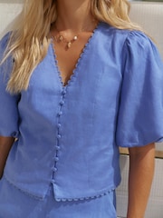 Mint Velvet Blue Linen Puff Sleeve Top - Image 4 of 8