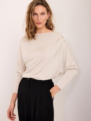 Mint Velvet Natural Metallic Ruched Long Sleeve Top - Image 1 of 7